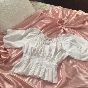 LOFT White Smocked Peplum Puff Sleeve Top